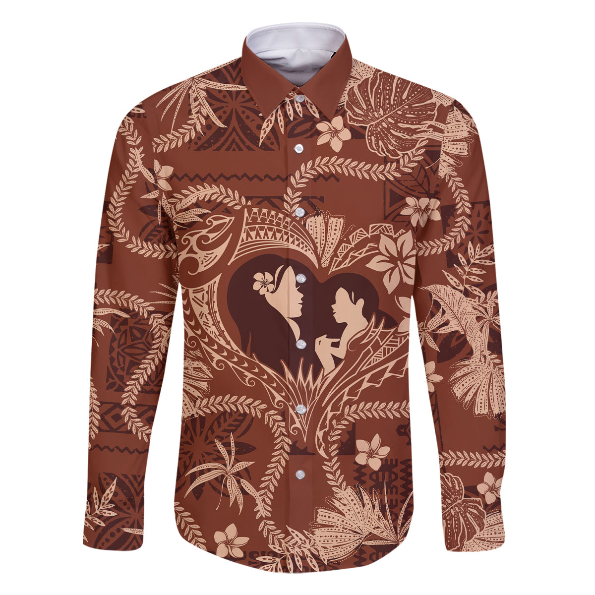 Hawaii Plumeria Family Matching Off Shoulder Maxi Dress and Hawaiian Shirt Hau'oli la Makuahine Sunburned LT7 Dad's Shirt - Long Sleeve Brown - Polynesian Pride
