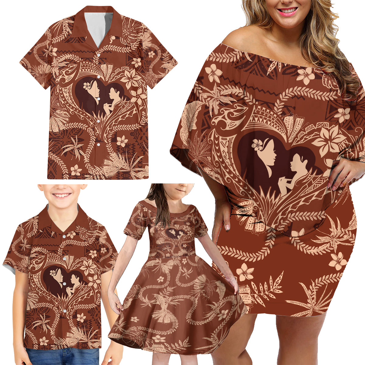 Hawaii Plumeria Family Matching Off Shoulder Short Dress and Hawaiian Shirt Hau'oli la Makuahine Sunburned LT7 - Polynesian Pride