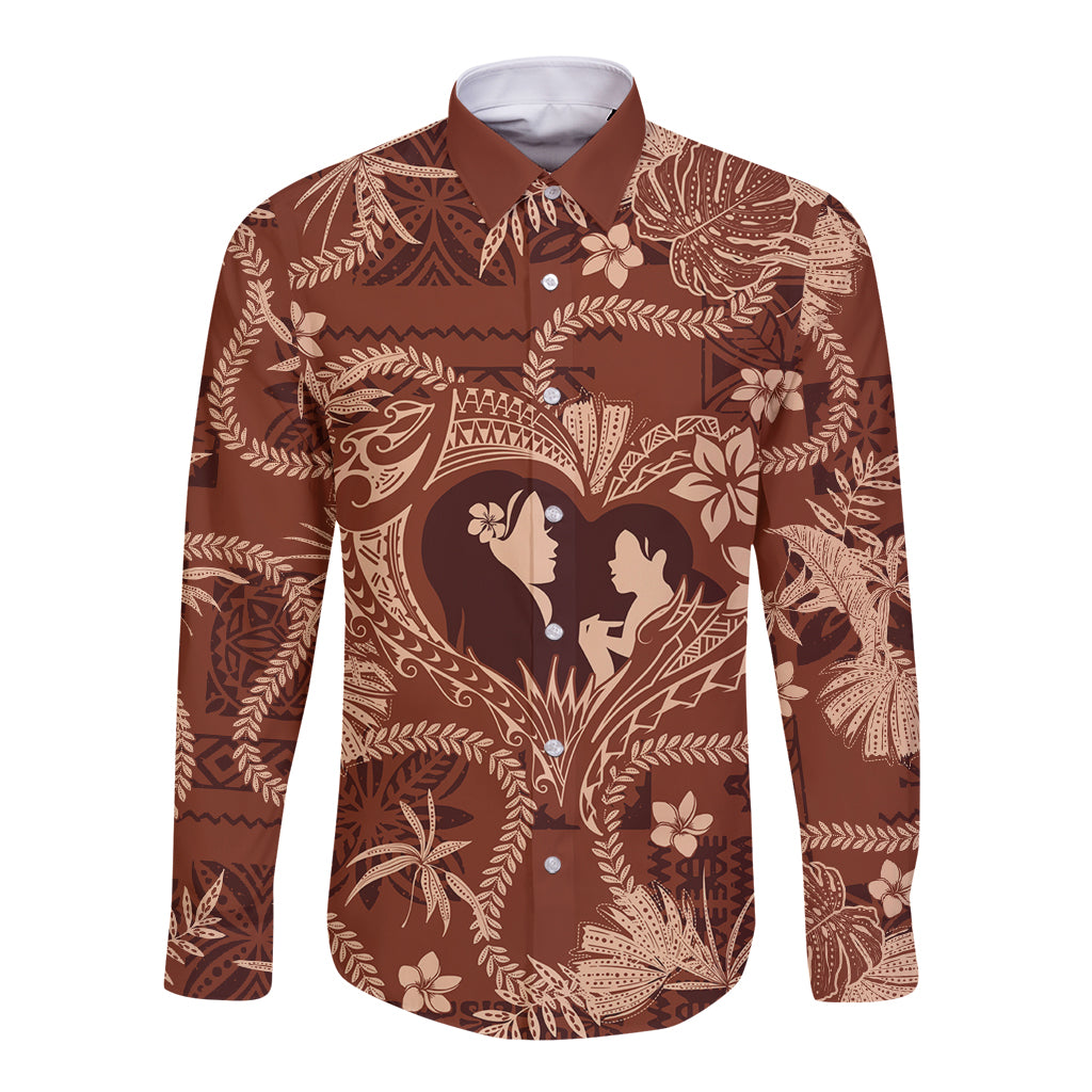 Hawaii Plumeria Long Sleeve Button Shirt Hau'oli la Makuahine Sunburned LT7 Unisex Brown - Polynesian Pride