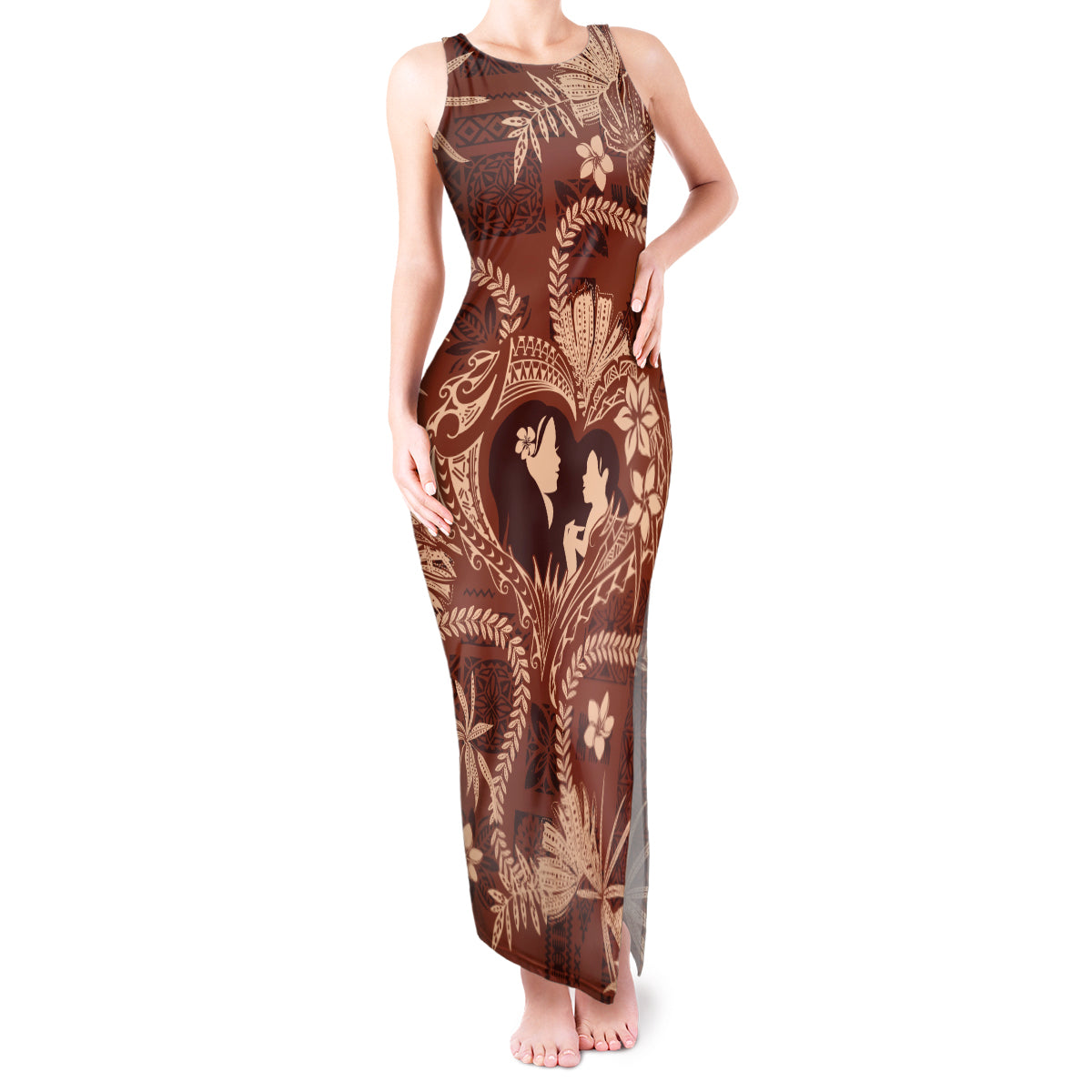 Hawaii Plumeria Tank Maxi Dress Hau'oli la Makuahine Sunburned LT7 Women Brown - Polynesian Pride