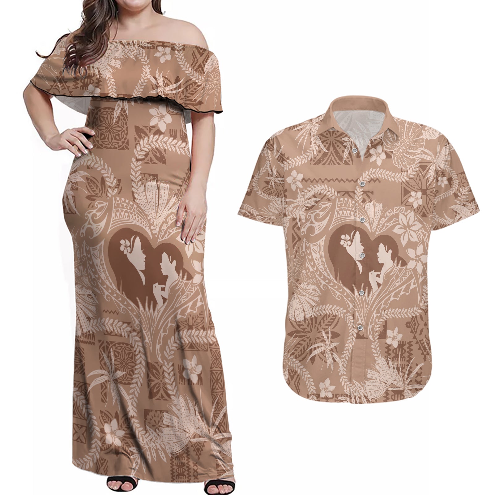 Hawaii Plumeria Couples Matching Off Shoulder Maxi Dress and Hawaiian Shirt Hau'oli la Makuahine Beige LT7 Beige - Polynesian Pride