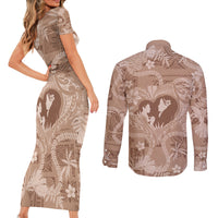 Hawaii Plumeria Couples Matching Short Sleeve Bodycon Dress and Long Sleeve Button Shirt Hau'oli la Makuahine Beige LT7 - Polynesian Pride