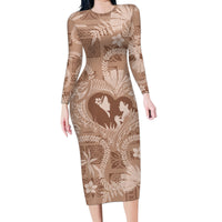 Hawaii Plumeria Family Matching Long Sleeve Bodycon Dress and Hawaiian Shirt Hau'oli la Makuahine Beige LT7 Mom's Dress Beige - Polynesian Pride
