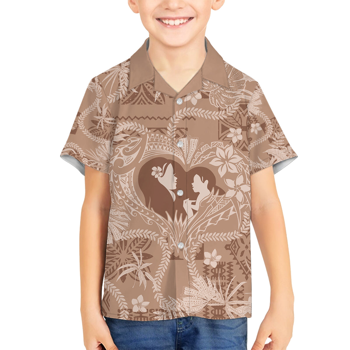 Hawaii Plumeria Family Matching Off The Shoulder Long Sleeve Dress and Hawaiian Shirt Hau'oli la Makuahine Beige LT7 Son's Shirt Beige - Polynesian Pride