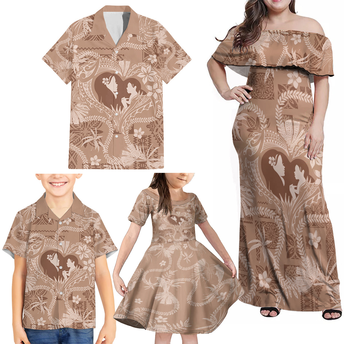 Hawaii Plumeria Family Matching Off Shoulder Maxi Dress and Hawaiian Shirt Hau'oli la Makuahine Beige LT7 - Polynesian Pride