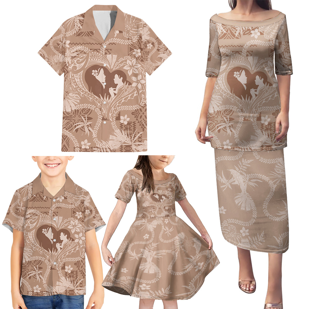 Hawaii Plumeria Family Matching Puletasi and Hawaiian Shirt Hau'oli la Makuahine Beige LT7 - Polynesian Pride