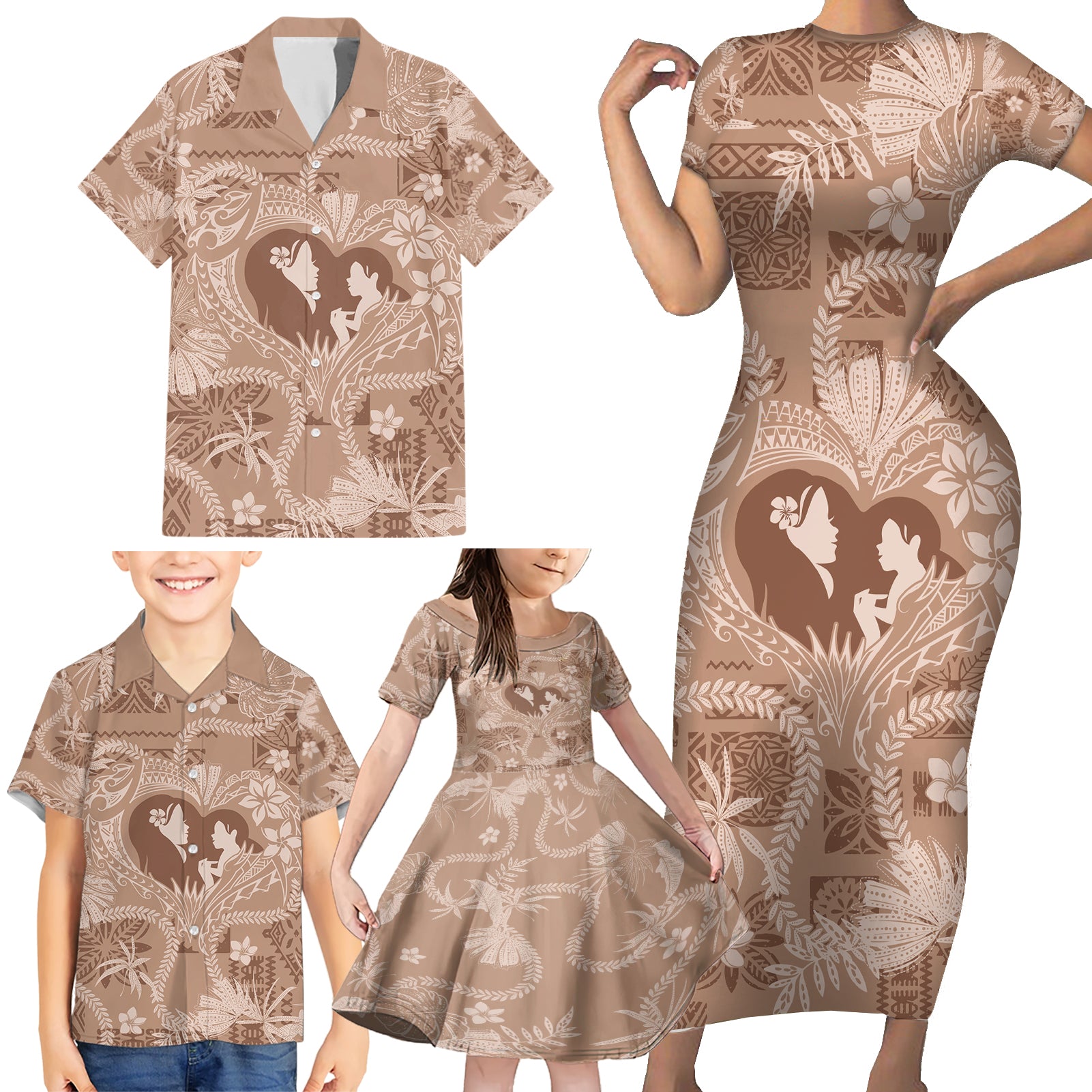 Hawaii Plumeria Family Matching Short Sleeve Bodycon Dress and Hawaiian Shirt Hau'oli la Makuahine Beige LT7 - Polynesian Pride