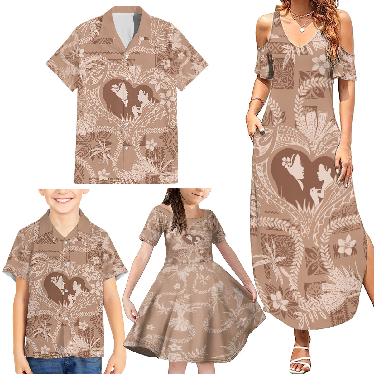 Hawaii Plumeria Family Matching Summer Maxi Dress and Hawaiian Shirt Hau'oli la Makuahine Beige LT7 - Polynesian Pride