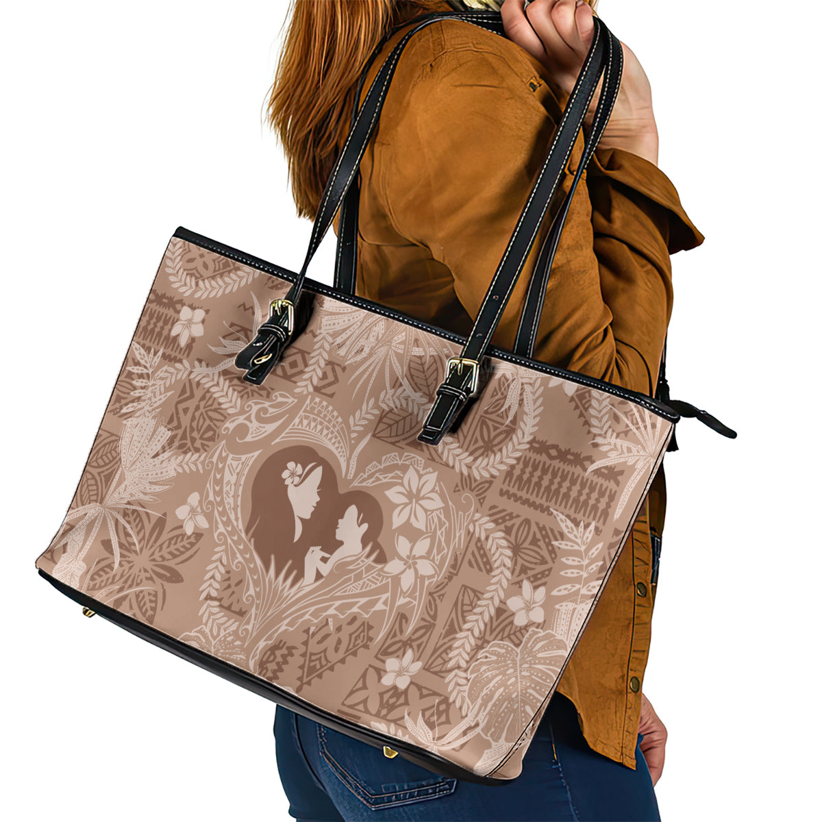 Hawaii Plumeria Leather Tote Bag Hau'oli la Makuahine Beige LT7 - Polynesian Pride