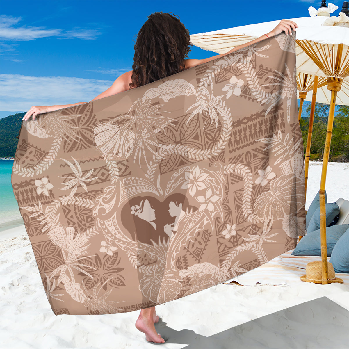 Hawaii Plumeria Sarong Hau'oli la Makuahine Beige LT7 One Size 44 x 66 inches Beige - Polynesian Pride