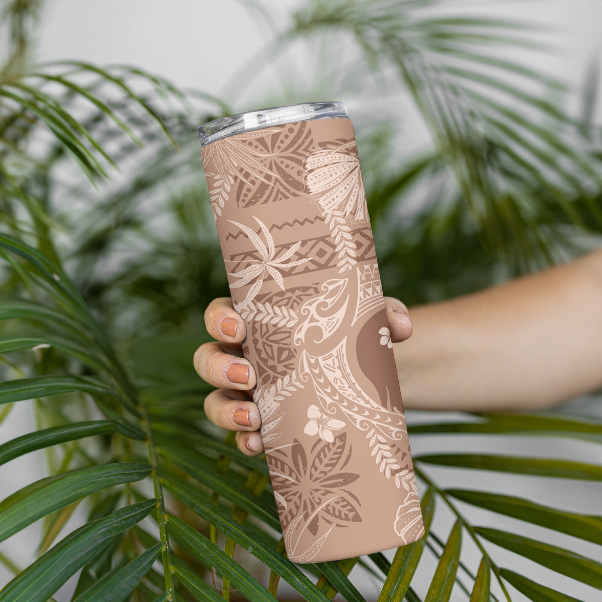 Hawaii Plumeria Skinny Tumbler Hau'oli la Makuahine Beige