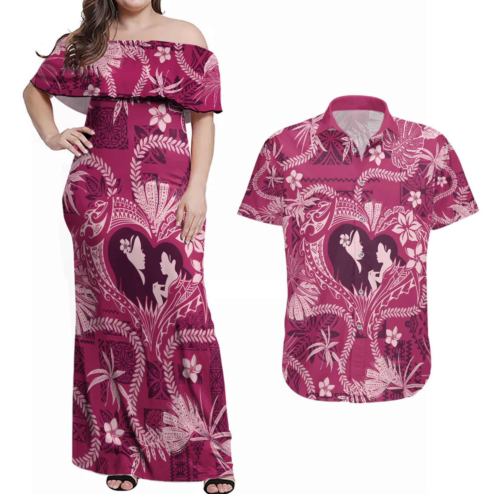 Hawaii Plumeria Couples Matching Off Shoulder Maxi Dress and Hawaiian Shirt Hau'oli la Makuahine Rosy LT7 Pink - Polynesian Pride