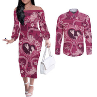 Hawaii Plumeria Couples Matching Off The Shoulder Long Sleeve Dress and Long Sleeve Button Shirt Hau'oli la Makuahine Rosy LT7 Pink - Polynesian Pride