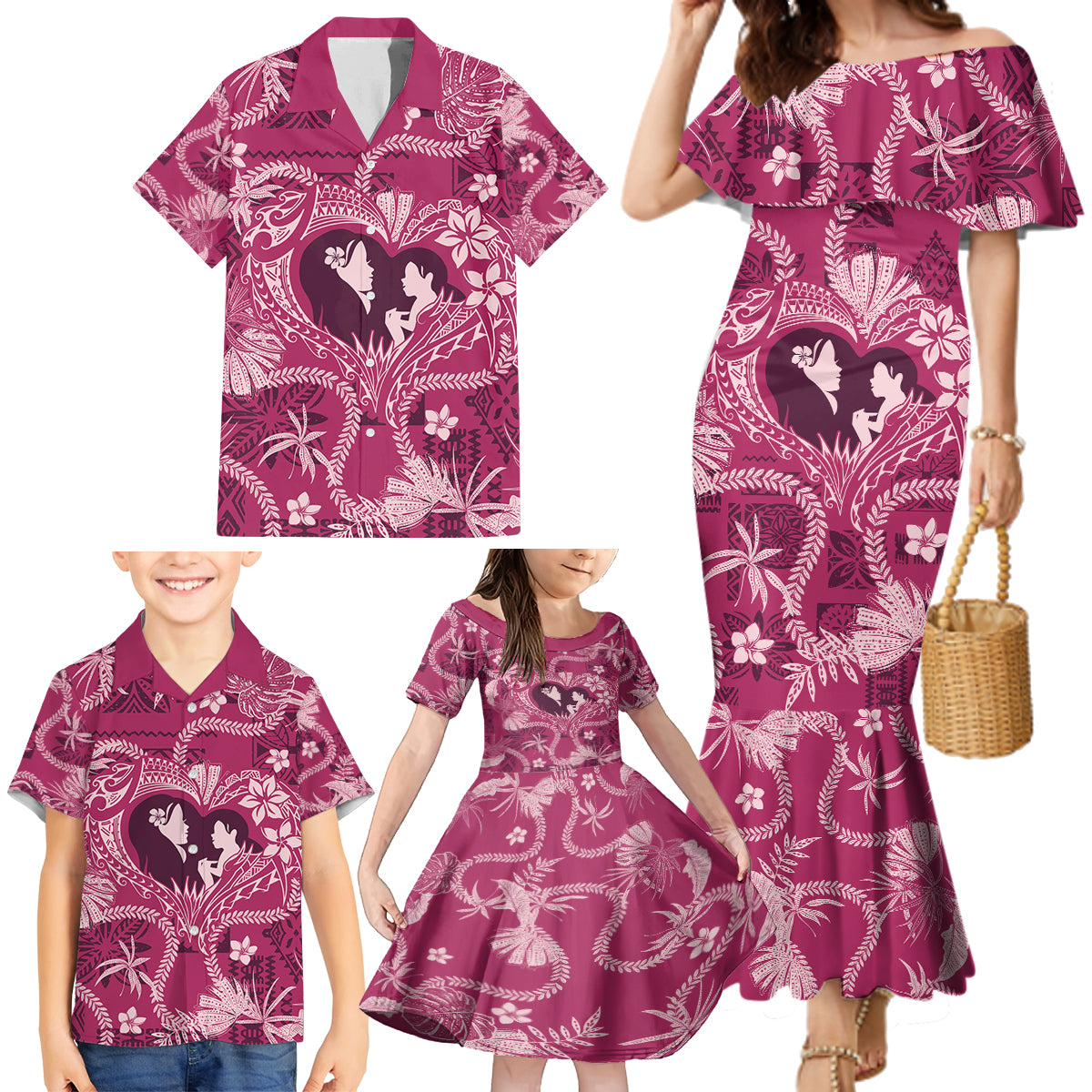 Hawaii Plumeria Family Matching Mermaid Dress and Hawaiian Shirt Hau'oli la Makuahine Rosy LT7 - Polynesian Pride