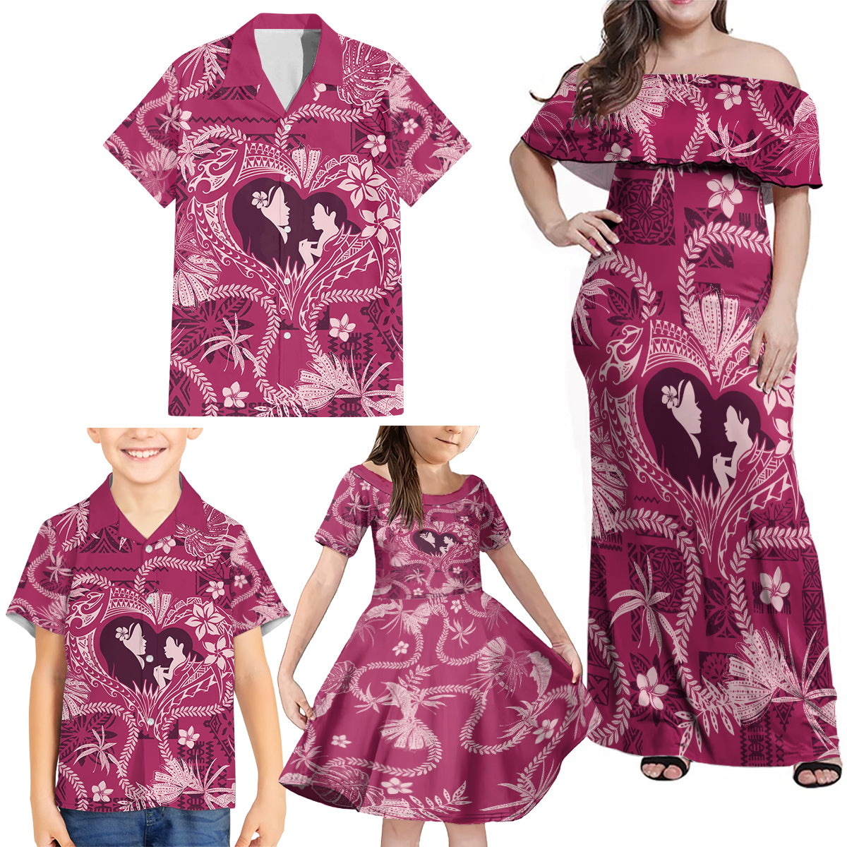 Hawaii Plumeria Family Matching Off Shoulder Maxi Dress and Hawaiian Shirt Hau'oli la Makuahine Rosy LT7 - Polynesian Pride