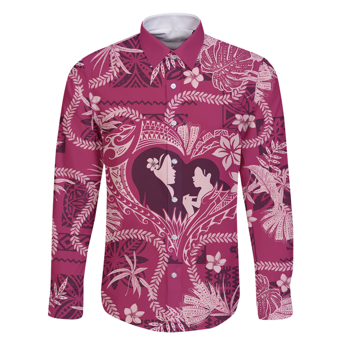 Hawaii Plumeria Family Matching Off Shoulder Maxi Dress and Hawaiian Shirt Hau'oli la Makuahine Rosy LT7 Dad's Shirt - Long Sleeve Pink - Polynesian Pride