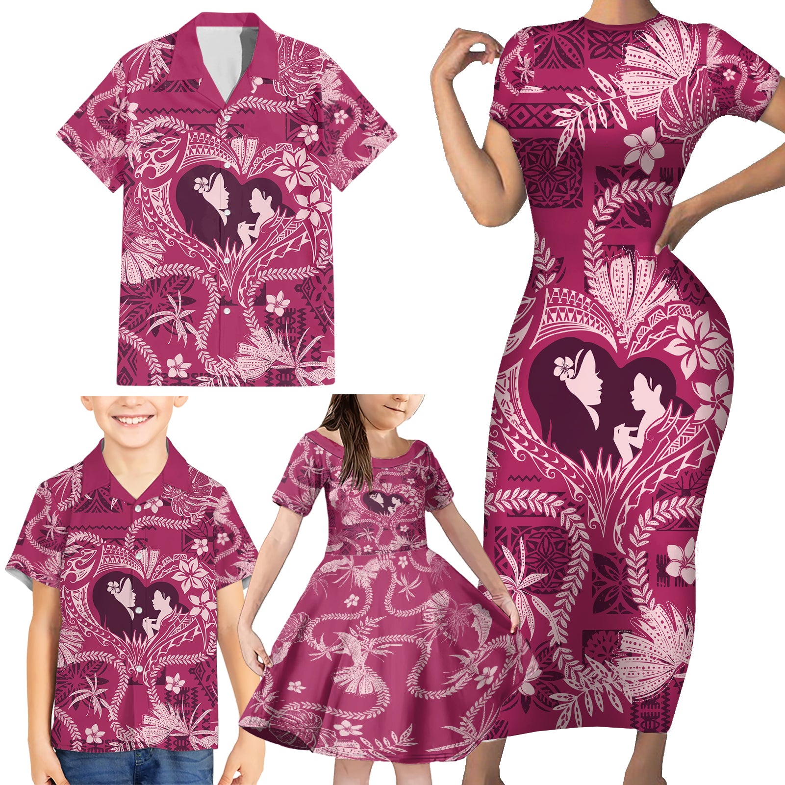 Hawaii Plumeria Family Matching Short Sleeve Bodycon Dress and Hawaiian Shirt Hau'oli la Makuahine Rosy LT7 - Polynesian Pride