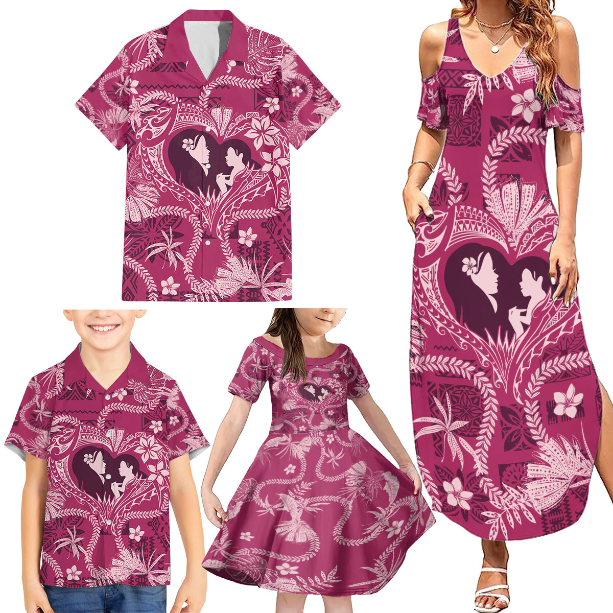 Hawaii Plumeria Family Matching Summer Maxi Dress and Hawaiian Shirt Hau'oli la Makuahine Rosy LT7 - Polynesian Pride