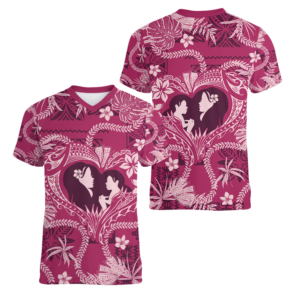 Hawaii Plumeria Women V Neck T Shirt Hau'oli la Makuahine Rosy LT7 - Polynesian Pride