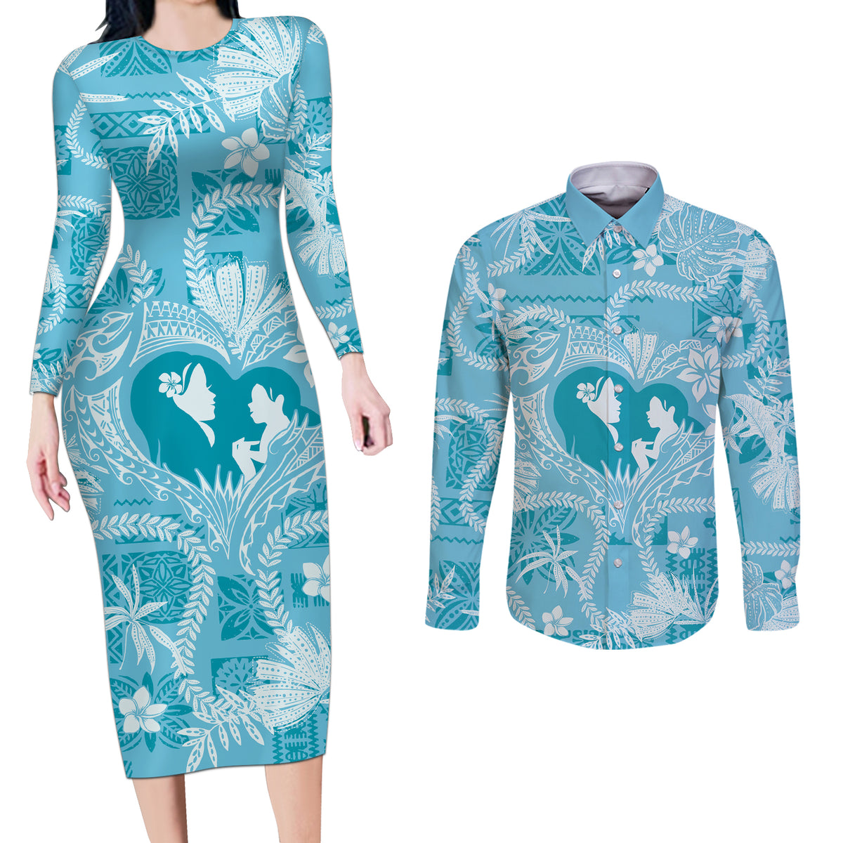 Hawaii Plumeria Couples Matching Long Sleeve Bodycon Dress and Long Sleeve Button Shirt Hau'oli la Makuahine Turquoise LT7 Turquoise - Polynesian Pride