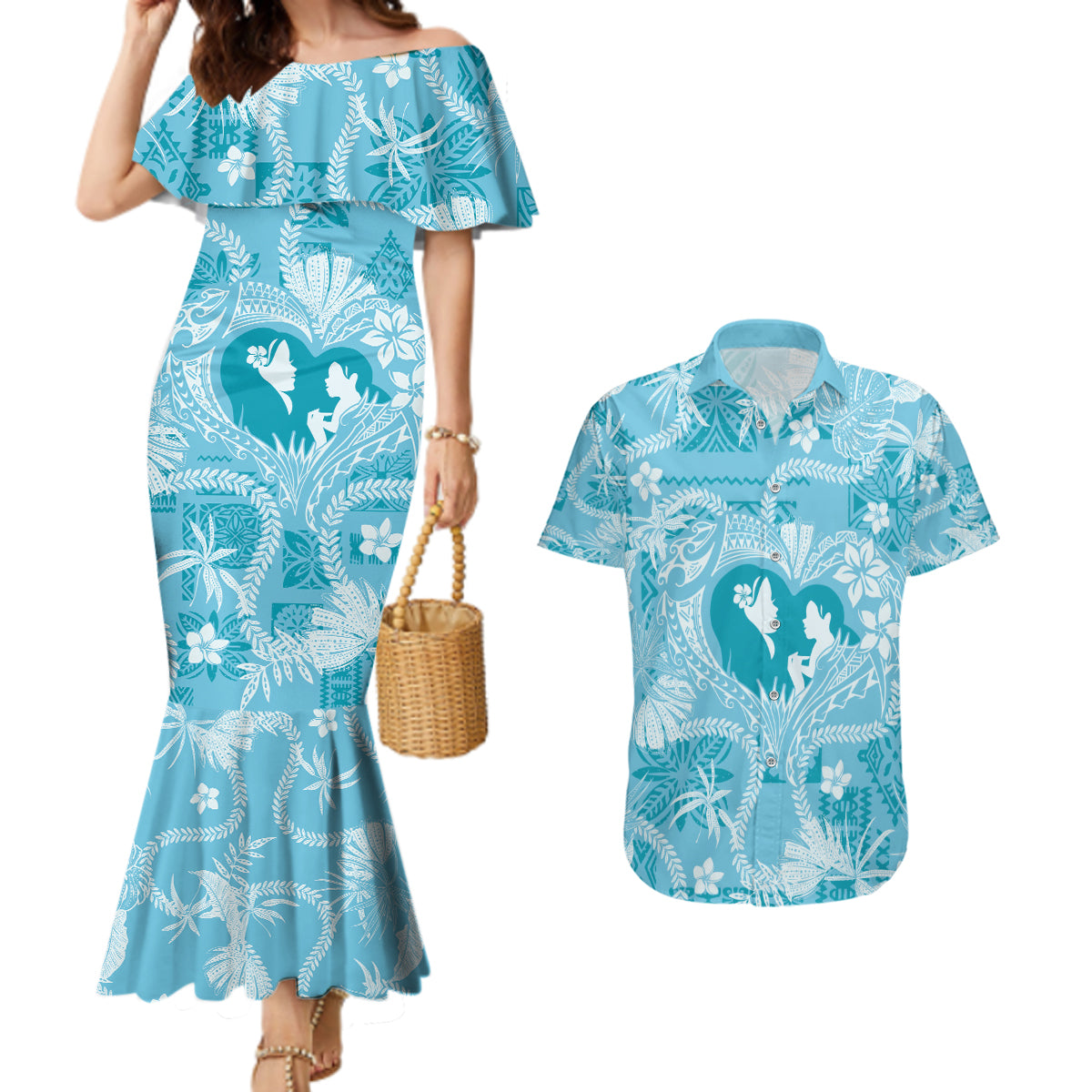 Hawaii Plumeria Couples Matching Mermaid Dress and Hawaiian Shirt Hau'oli la Makuahine Turquoise LT7 Turquoise - Polynesian Pride