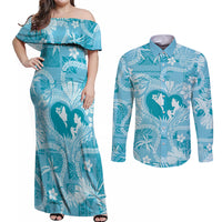 Hawaii Plumeria Couples Matching Off Shoulder Maxi Dress and Long Sleeve Button Shirt Hau'oli la Makuahine Turquoise LT7 Turquoise - Polynesian Pride