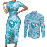 Hawaii Plumeria Couples Matching Short Sleeve Bodycon Dress and Long Sleeve Button Shirt Hau'oli la Makuahine Turquoise LT7 Turquoise - Polynesian Pride