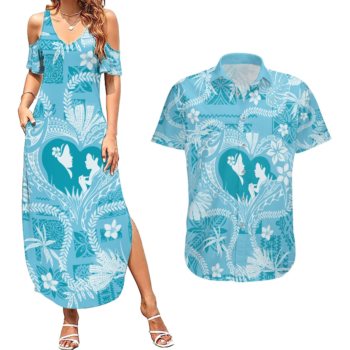 Hawaii Plumeria Couples Matching Summer Maxi Dress and Hawaiian Shirt Hau'oli la Makuahine Turquoise LT7 Turquoise - Polynesian Pride