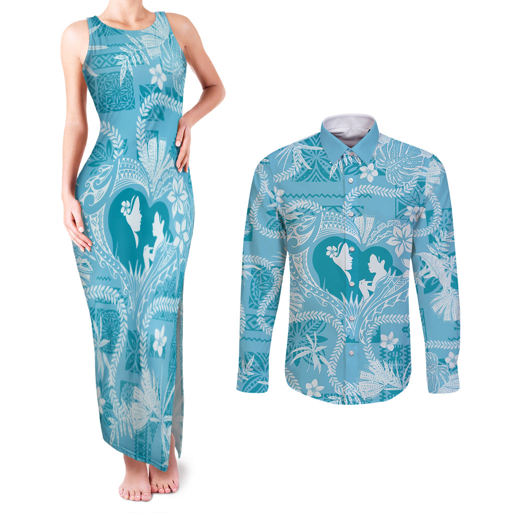 Hawaii Plumeria Couples Matching Tank Maxi Dress and Long Sleeve Button Shirt Hau'oli la Makuahine Turquoise LT7 Turquoise - Polynesian Pride