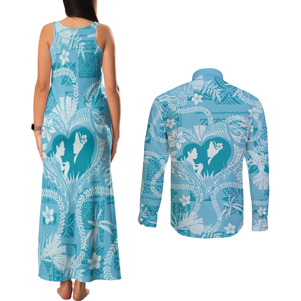 Hawaii Plumeria Couples Matching Tank Maxi Dress and Long Sleeve Button Shirt Hau'oli la Makuahine Turquoise LT7 - Polynesian Pride