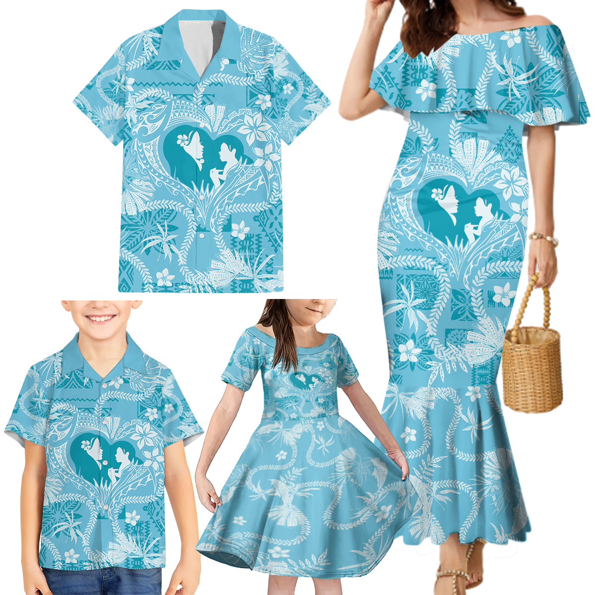 Hawaii Plumeria Family Matching Mermaid Dress and Hawaiian Shirt Hau'oli la Makuahine Turquoise LT7 - Polynesian Pride