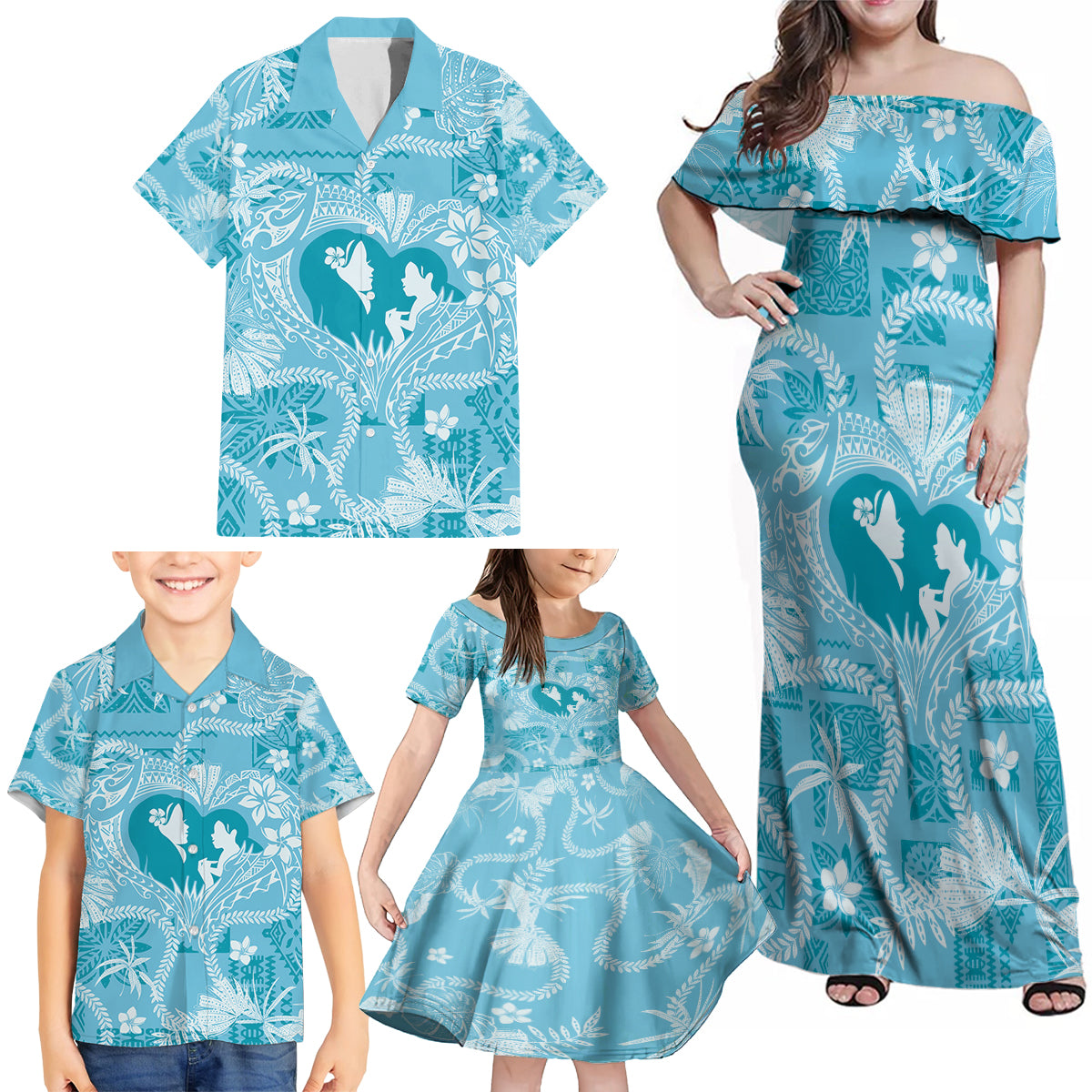 Hawaii Plumeria Family Matching Off Shoulder Maxi Dress and Hawaiian Shirt Hau'oli la Makuahine Turquoise LT7 - Polynesian Pride