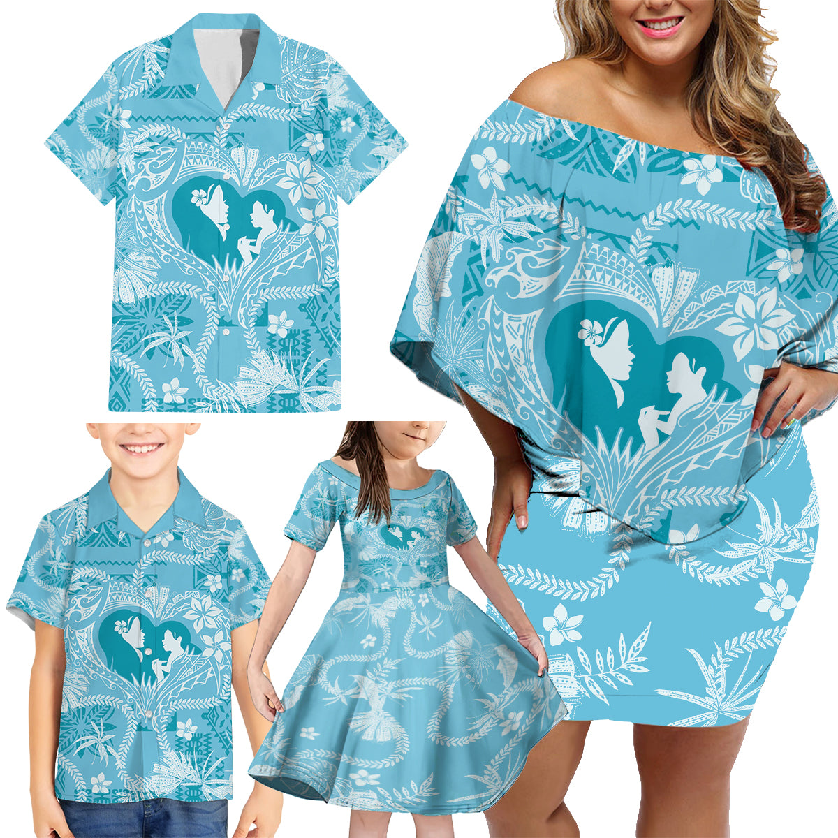 Hawaii Plumeria Family Matching Off Shoulder Short Dress and Hawaiian Shirt Hau'oli la Makuahine Turquoise LT7 - Polynesian Pride