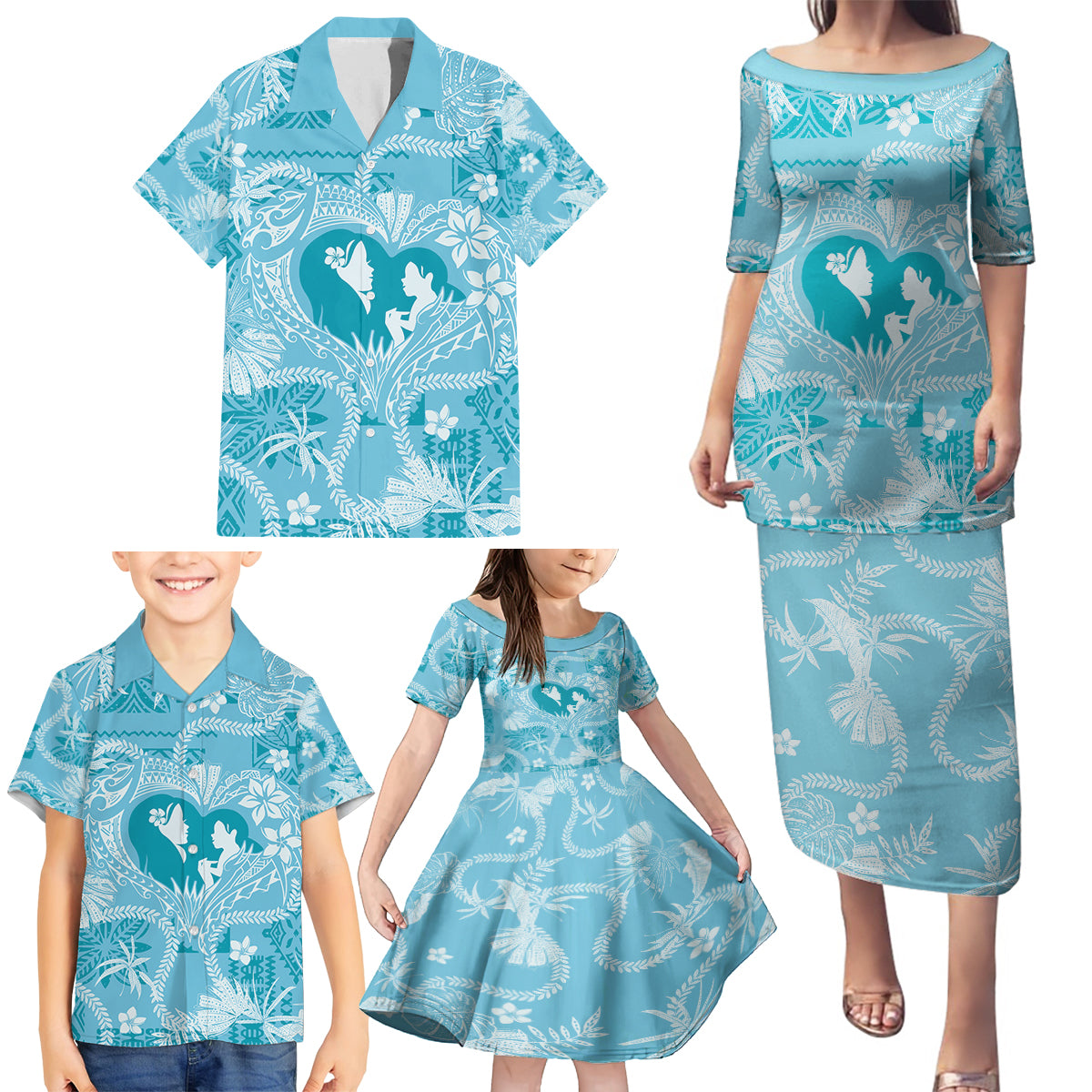 Hawaii Plumeria Family Matching Puletasi and Hawaiian Shirt Hau'oli la Makuahine Turquoise LT7 - Polynesian Pride