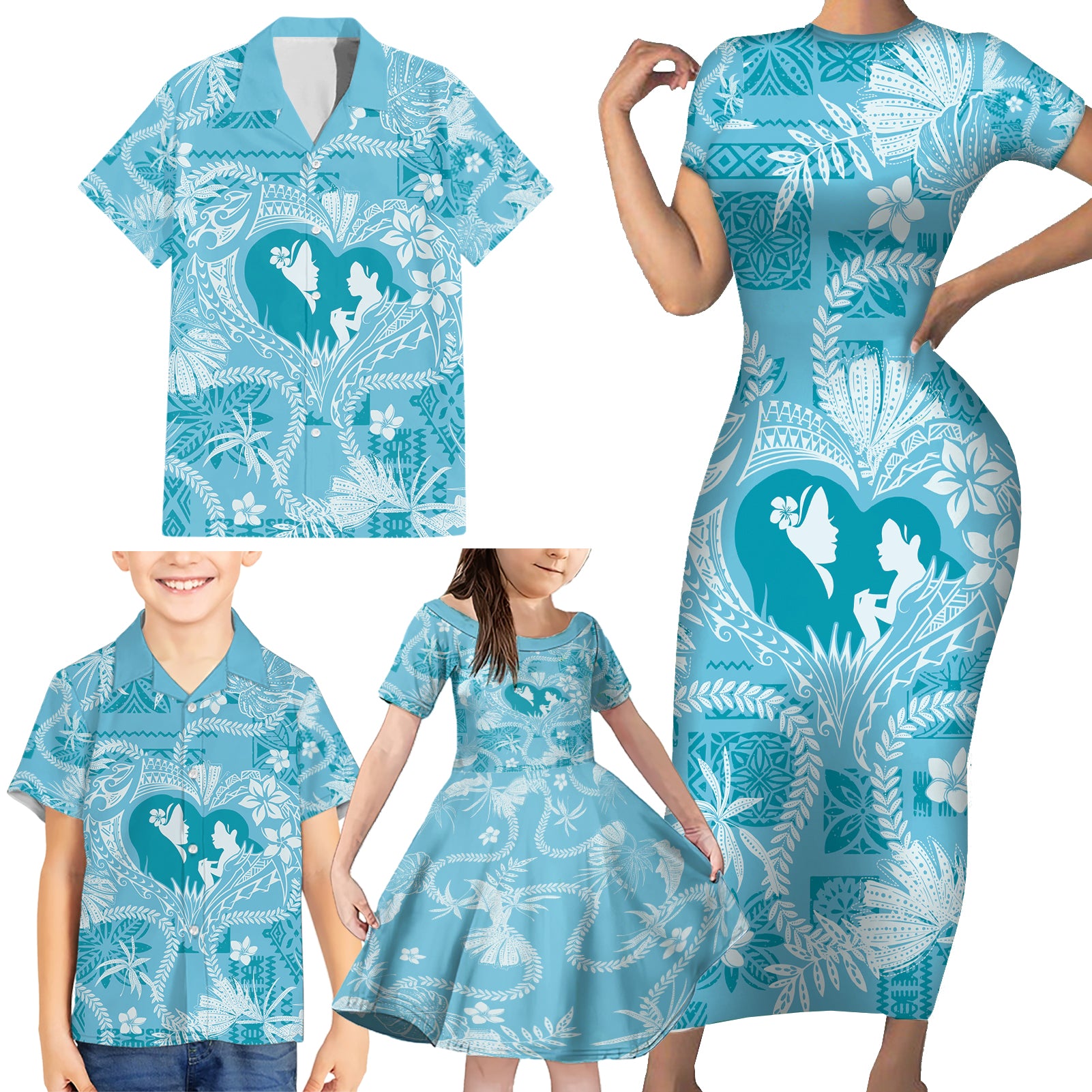 Hawaii Plumeria Family Matching Short Sleeve Bodycon Dress and Hawaiian Shirt Hau'oli la Makuahine Turquoise LT7 - Polynesian Pride