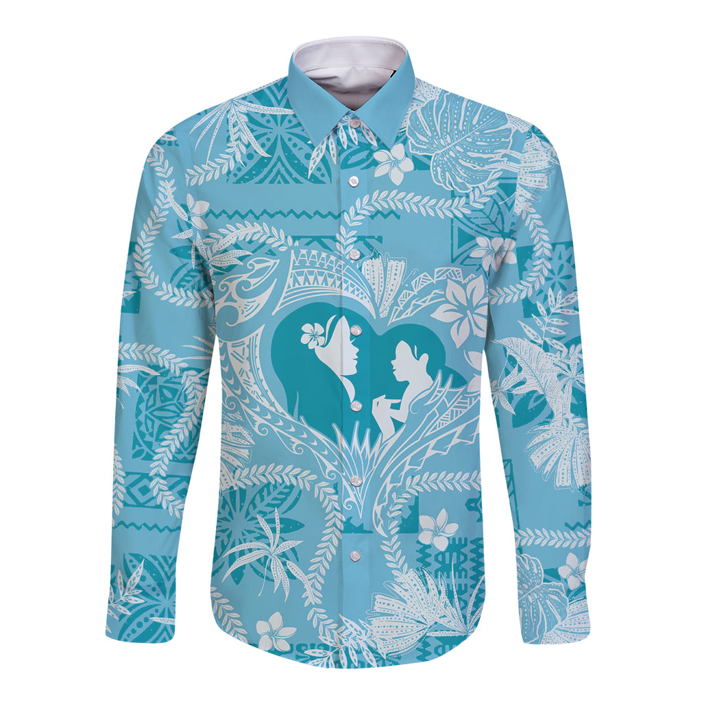 Hawaii Plumeria Long Sleeve Button Shirt Hau'oli la Makuahine Turquoise LT7 Unisex Turquoise - Polynesian Pride
