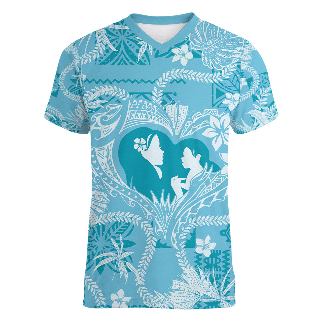 Hawaii Plumeria Women V Neck T Shirt Hau'oli la Makuahine Turquoise LT7 Female Turquoise - Polynesian Pride