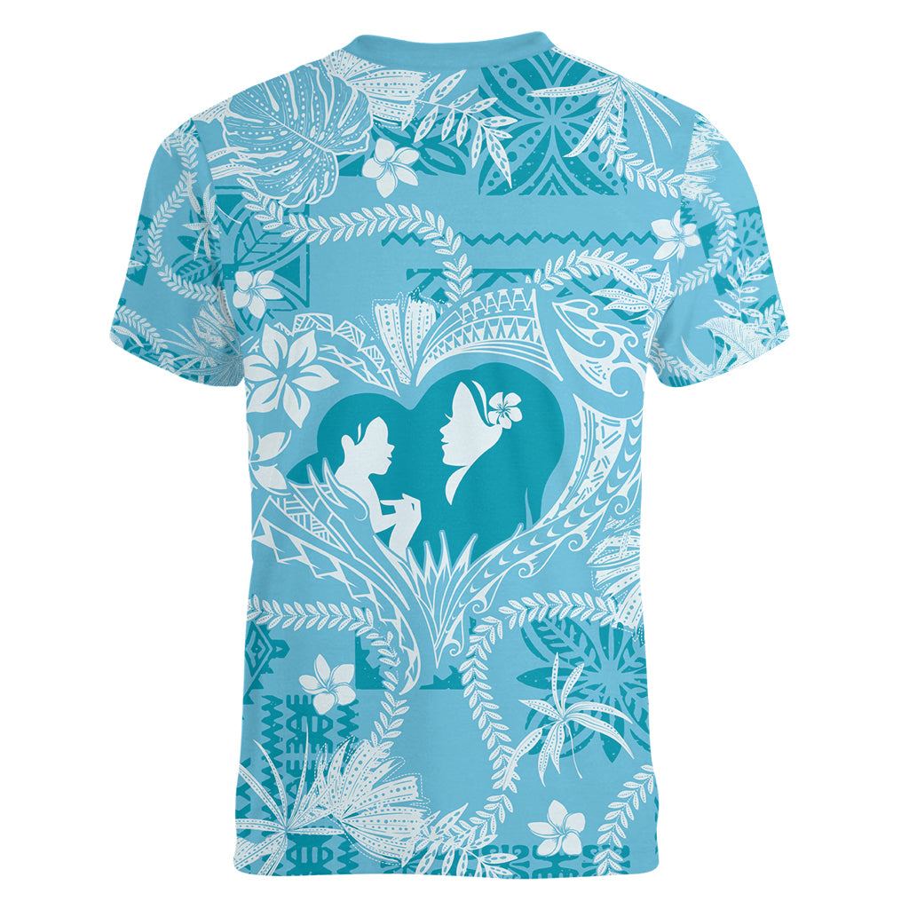 Hawaii Plumeria Women V Neck T Shirt Hau'oli la Makuahine Turquoise LT7 - Polynesian Pride