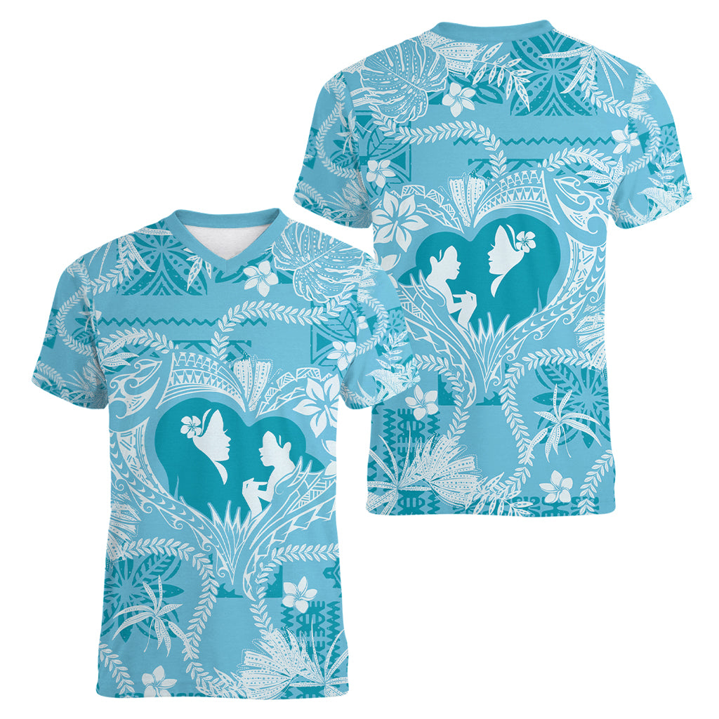 Hawaii Plumeria Women V Neck T Shirt Hau'oli la Makuahine Turquoise LT7 - Polynesian Pride