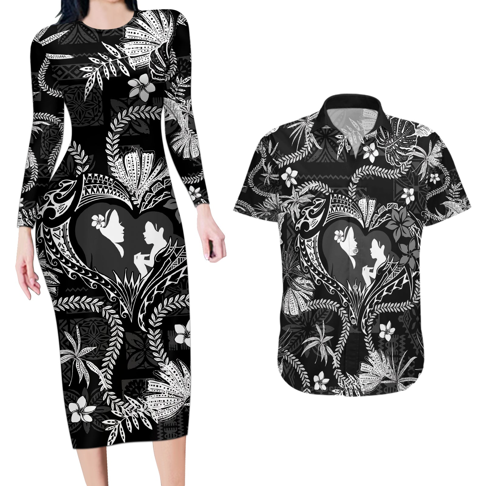 Hawaii Plumeria Couples Matching Long Sleeve Bodycon Dress and Hawaiian Shirt Hau'oli la Makuahine Monochrome LT7 Black - Polynesian Pride