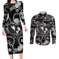 Hawaii Plumeria Couples Matching Long Sleeve Bodycon Dress and Long Sleeve Button Shirt Hau'oli la Makuahine Monochrome LT7 Black - Polynesian Pride