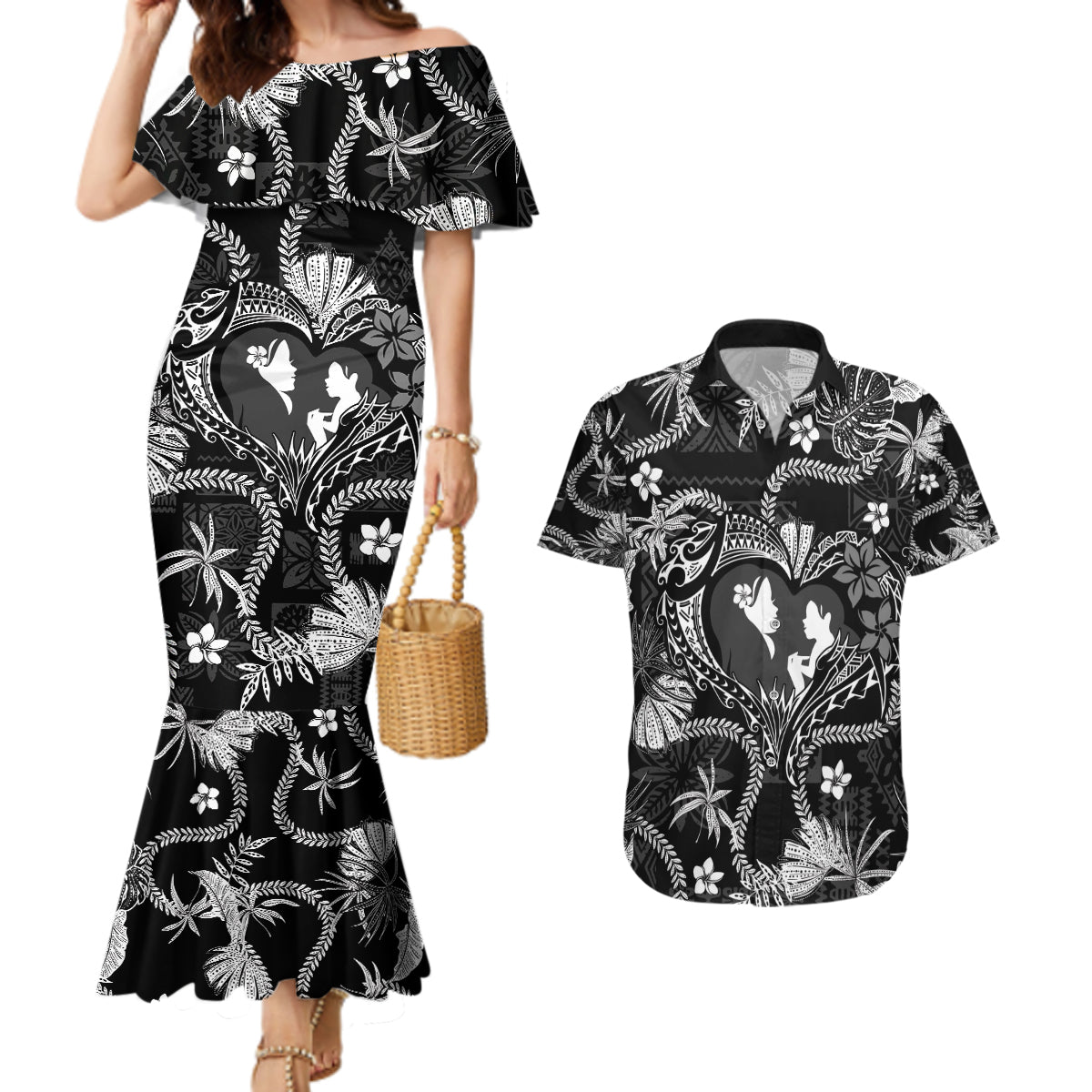 Hawaii Plumeria Couples Matching Mermaid Dress and Hawaiian Shirt Hau'oli la Makuahine Monochrome LT7 Black - Polynesian Pride