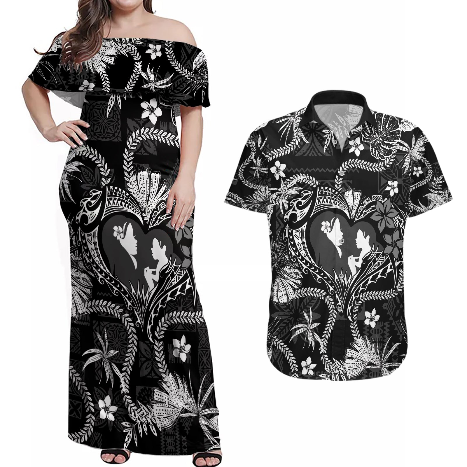 Hawaii Plumeria Couples Matching Off Shoulder Maxi Dress and Hawaiian Shirt Hau'oli la Makuahine Monochrome LT7 Black - Polynesian Pride