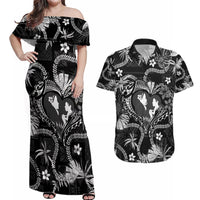 Hawaii Plumeria Couples Matching Off Shoulder Maxi Dress and Hawaiian Shirt Hau'oli la Makuahine Monochrome LT7 Black - Polynesian Pride