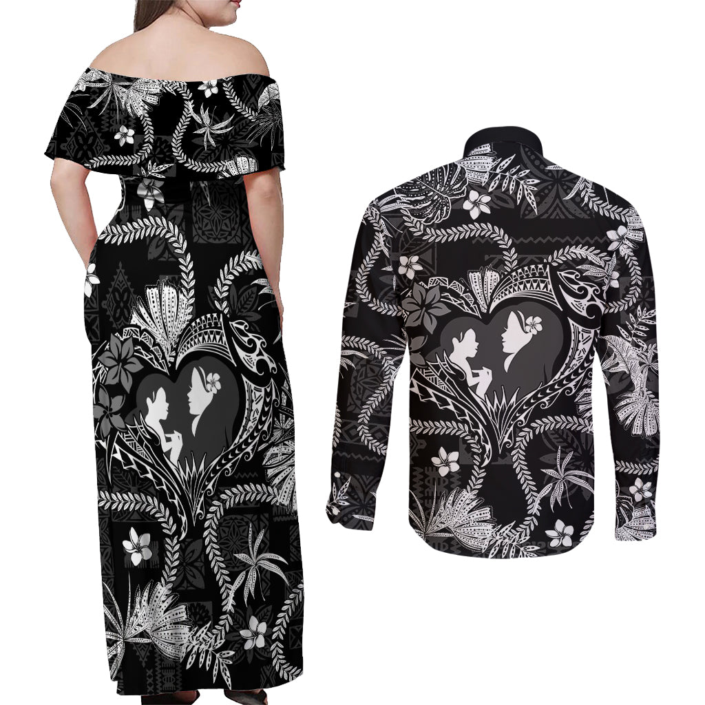 Hawaii Plumeria Couples Matching Off Shoulder Maxi Dress and Long Sleeve Button Shirt Hau'oli la Makuahine Monochrome LT7 - Polynesian Pride