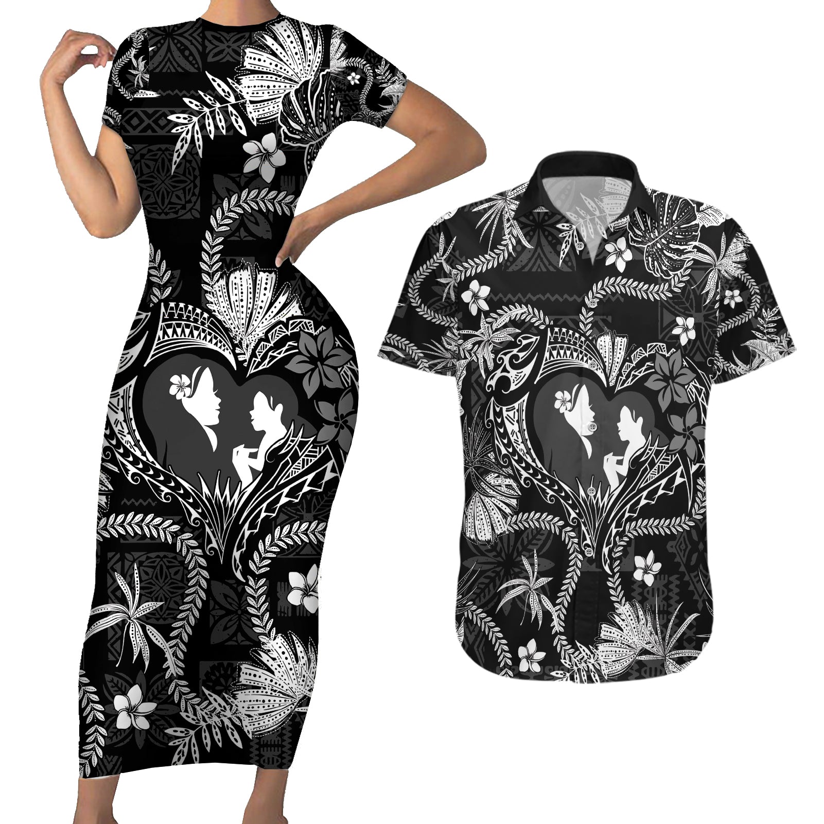 Hawaii Plumeria Couples Matching Short Sleeve Bodycon Dress and Hawaiian Shirt Hau'oli la Makuahine Monochrome LT7 Black - Polynesian Pride