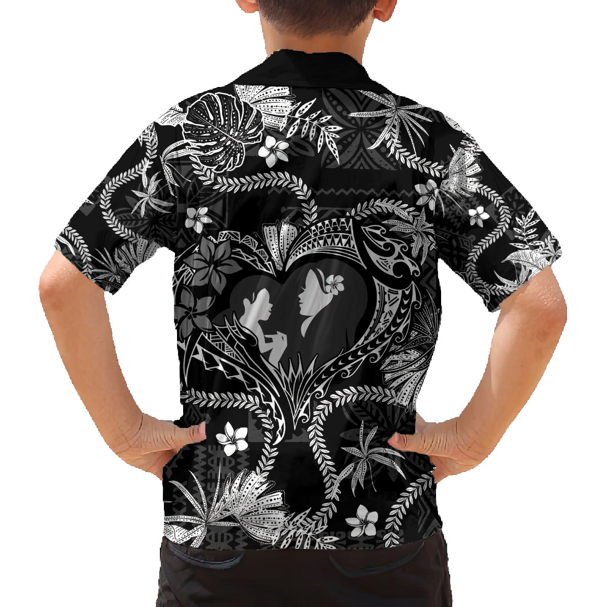 Hawaii Plumeria Family Matching Off The Shoulder Long Sleeve Dress and Hawaiian Shirt Hau'oli la Makuahine Monochrome LT7 - Polynesian Pride