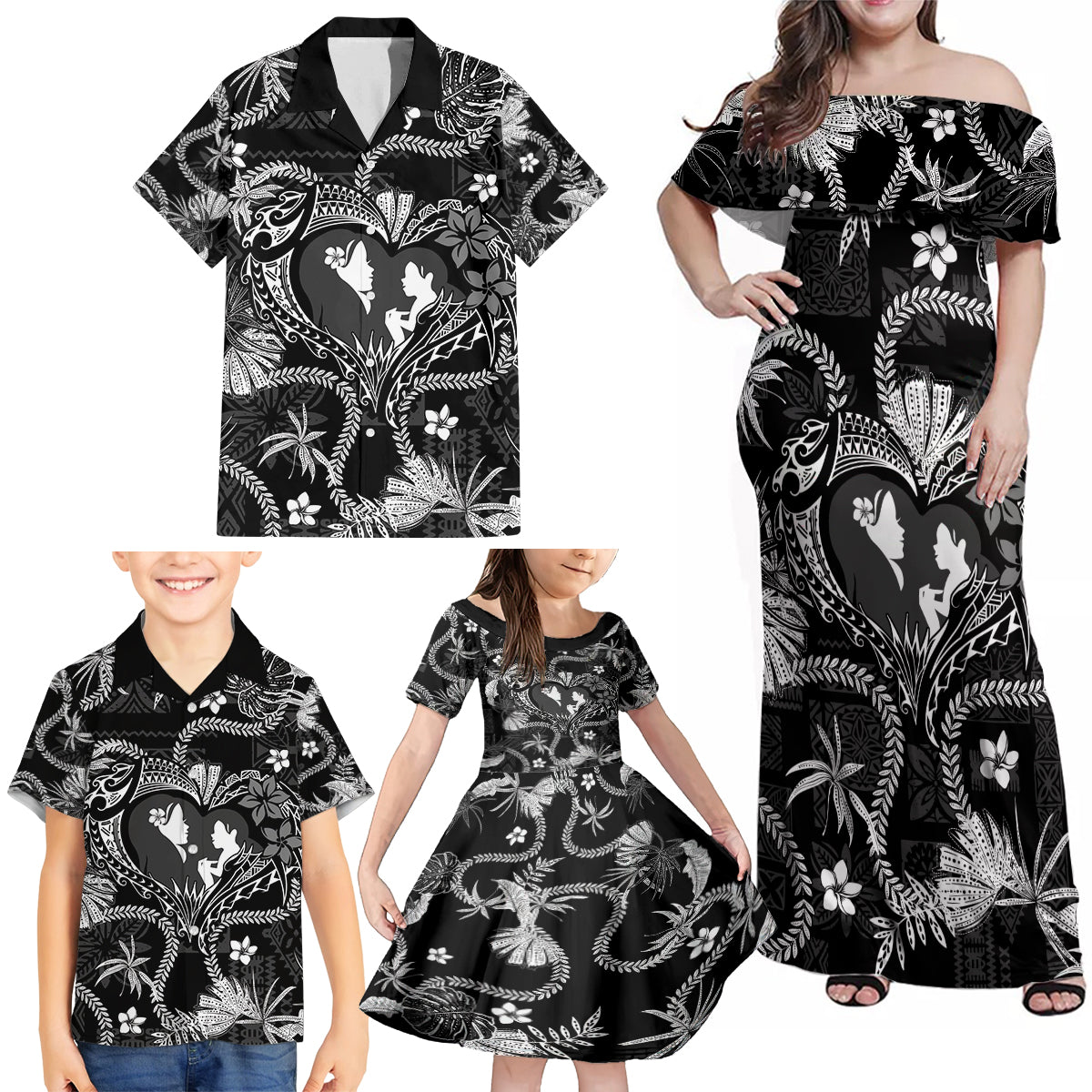 Hawaii Plumeria Family Matching Off Shoulder Maxi Dress and Hawaiian Shirt Hau'oli la Makuahine Monochrome LT7 - Polynesian Pride