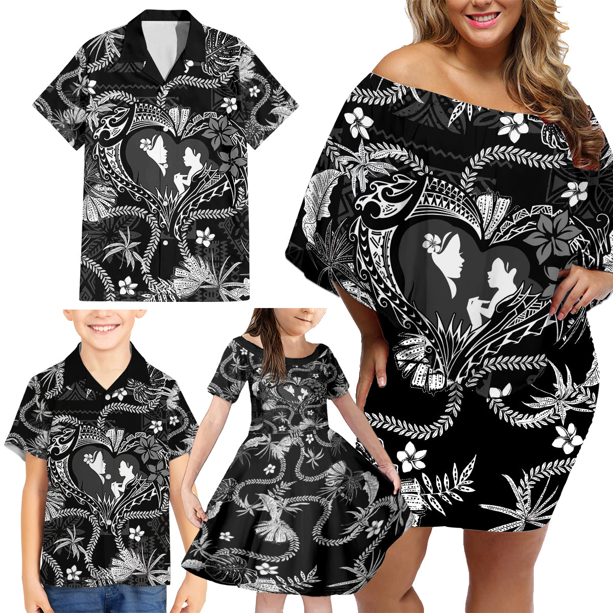 Hawaii Plumeria Family Matching Off Shoulder Short Dress and Hawaiian Shirt Hau'oli la Makuahine Monochrome LT7 - Polynesian Pride