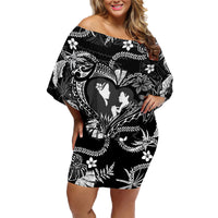 Hawaii Plumeria Family Matching Off Shoulder Short Dress and Hawaiian Shirt Hau'oli la Makuahine Monochrome LT7 Mom's Dress Black - Polynesian Pride